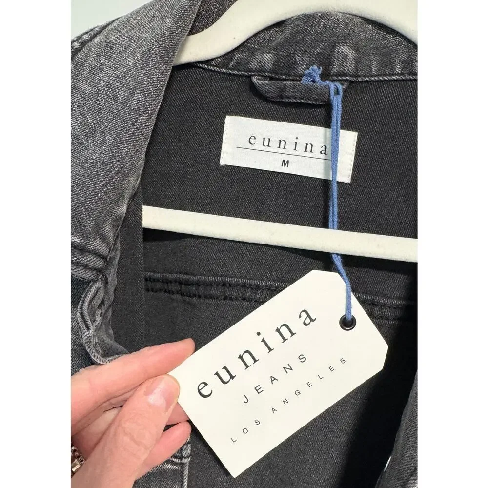NWT EUNINA JEANS Distressed Charcoal Cropped Denim Jean Jacket Size M - Picture 2 of 3